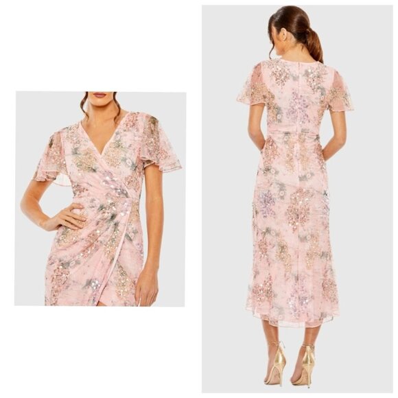 NWT Ieena for Mac Duggal Sequin Mesh Flutter Sleeve Faux Wrap Midi Dress Rose 12 - Picture 2 of 15